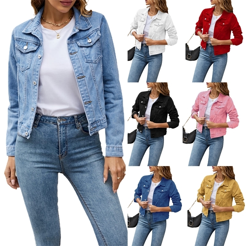 Vestes en denim pour femmes mode femelle décontractée à manches longues revers solides bouton à basse poitrine mince jean veste d'hiver automne 2