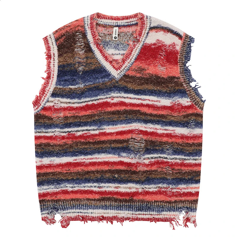 Autumn Men Sleeveless Knitted Jumper Sweaters Hip Hop Ripped Striped Knitwear Vests Streetwear Harajuku Fashion Casual Pullovers 250918