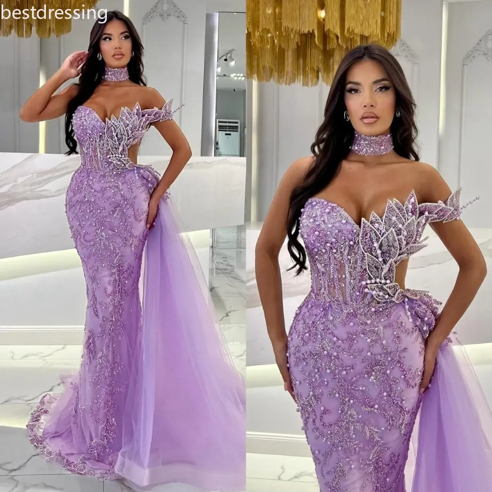 Robes de soirée de sirène époustouflante pourpre perles de robe de bal à épaule perles