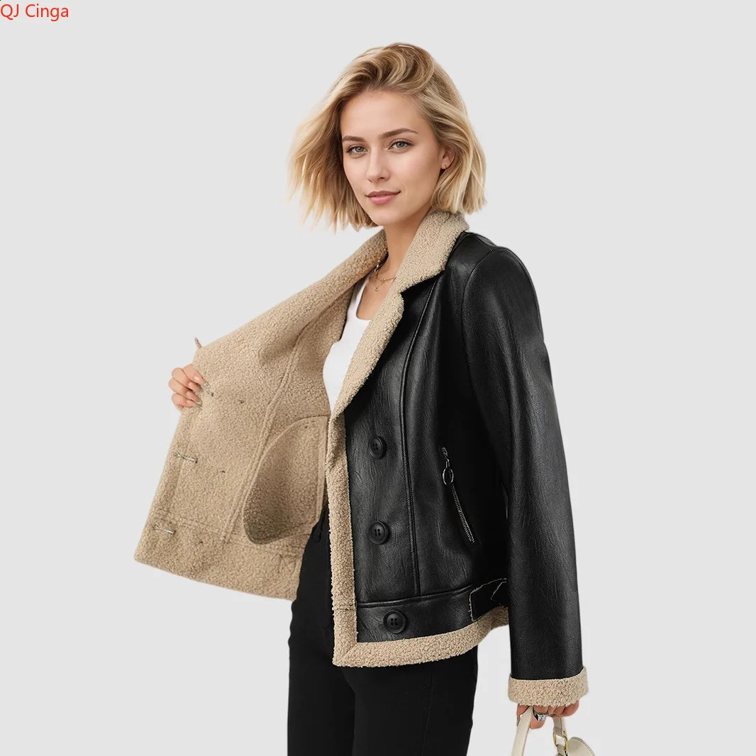 Femmes noires hivernales fausses en cuir shearling, veste moto doublée à la chaleur et style énervé 250918
