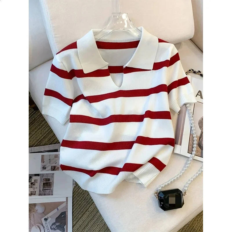 Striped Pattern Collared Sweater Versatile Short Sleeve Knitted Top For Spring Summer Womens Clothing Crop Top 250918