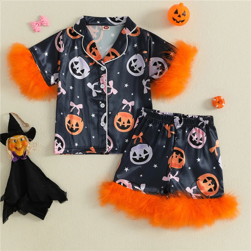 Girls pour enfants Halloween Pyjamas Sets Pumpkin Imprimer des chemises à manches courtes à manches courtes avec des shorts de taille élastique 2