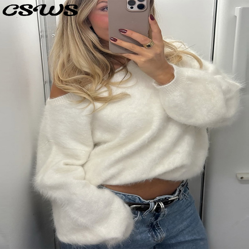 Elegant Homair Loose Sweater Women Solid Long Sleeve One Shoulder Slash Neck Pullover Fashion Autumn Warm Sweaters Lady 250919