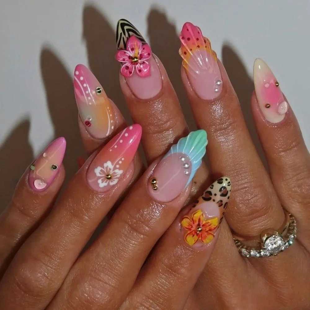 24pcs French Almond Press on Nails Flower False Nails Summer Wearable Stickon Nail Fake Nails Uas Postizas W250919