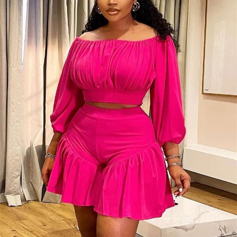 CMYAYA Plus Size Womens Set Long Sleeve Slash Neck TShirt and Shorts 2025 Summer Ruched Two 2 Piece Outfits Tracksuit y250918