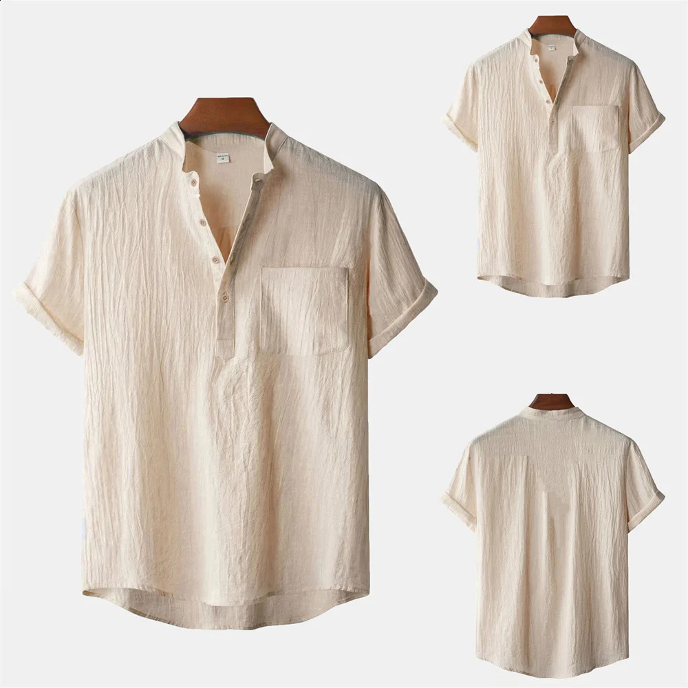 Mens Summer Cotton Linen Tshirt Beach Style Short SLeeve Henley Neck Vacation Hawaii Casual Lightweight Breathable Cozy Tops 250919