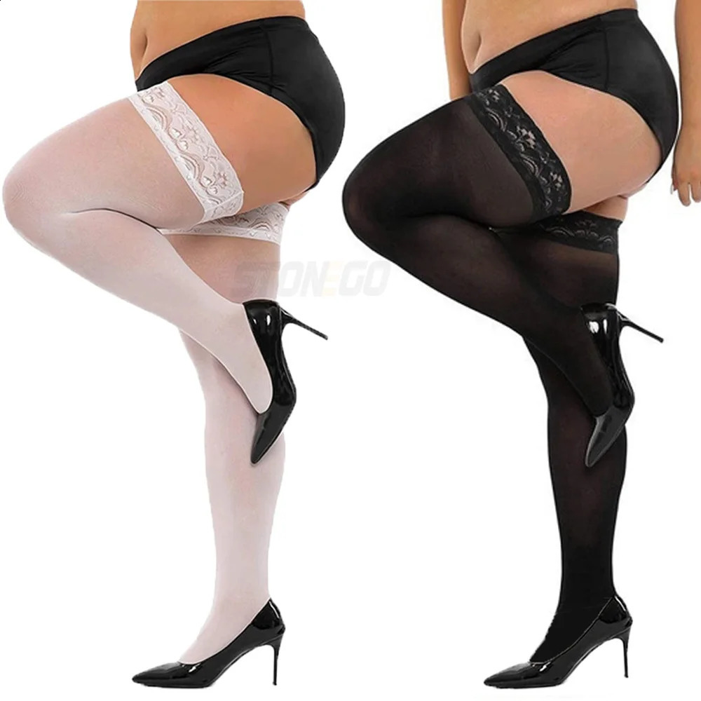 Plus Big Size Womans Ultrathin Lace Stockings Thigh High Stockings Silicone Lace Top Stay Up Silk Lace Socks 250918