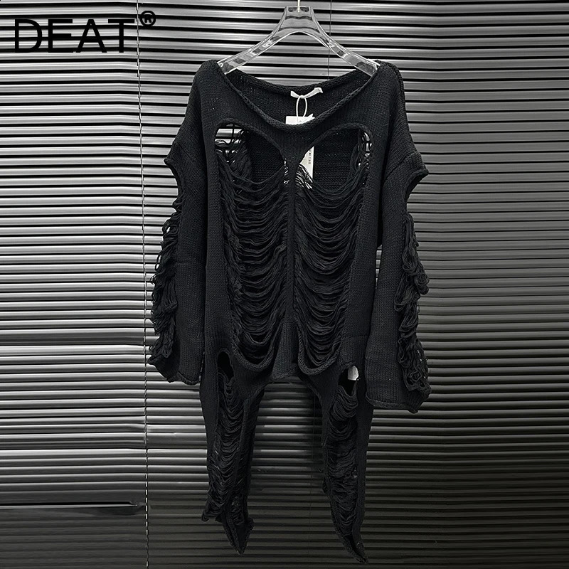 DEAT Fashion Hollow Out Irregular Knitted Sweater For Women Niche Loose Long Sleeve Pullovers Female Trendy 11A05537 250918
