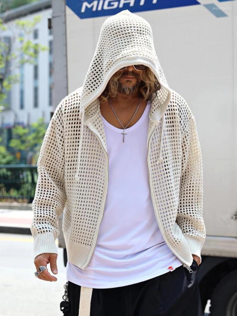 Men's Hoodies Autumn Knitted Hollow Out Zipper Hooded Oversized Long Sleeve Loose Fit Cardigan Shirt Korean Fashion Harajuku Jacket Top
