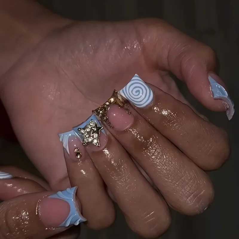 24pcs Short Duckbill False Nails Wearable Blue French Fake Nails Star Flash Rhinestones Decor Gradient Y2k Nails Press on Nail W250919