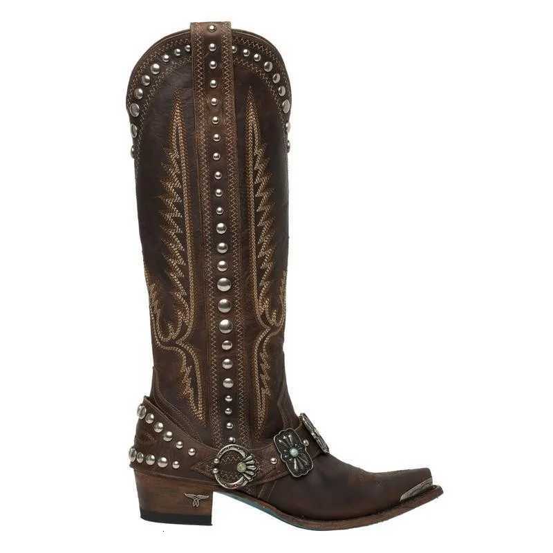 Western Competitive Cowboy Big Size Long Boots Retro Rivet Metal KneeHigh Botines Thick Heel SlipOn Women Botas Femininas W250919