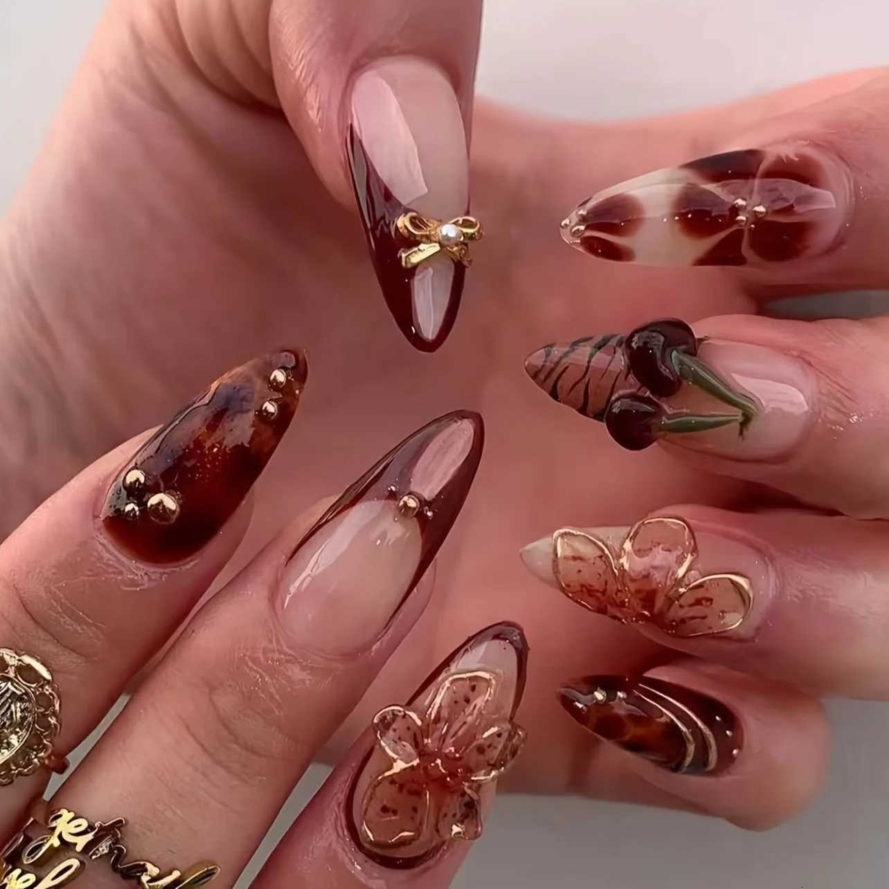 24pcs Long Almond False Nails Sets Press on Cherry Flower Brown Nails Tips Rhinestone Design Fake Nail Wearable French Manicure W250919