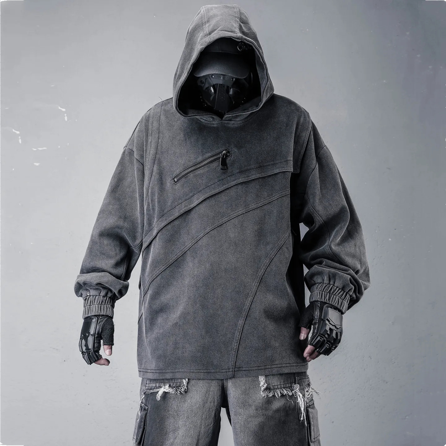 Distressed Washed Techwear Denim Jacket Hoodies Man Hip Hop Punk Vintage Pullover High Street Patchwork Hooded Sweatshirt 250918