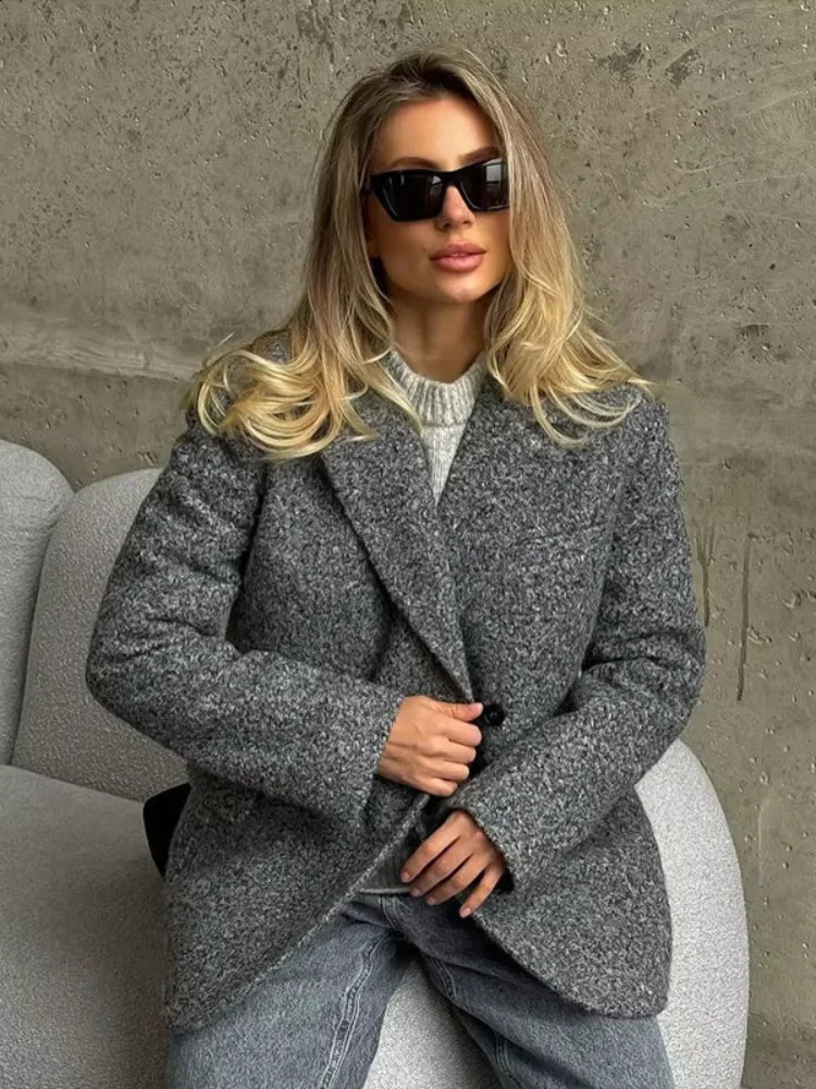 Revers solide en laine de laine recadrée femme mode manche complète veste en ligne lâche 2025 Automne Lady Outwear 250918