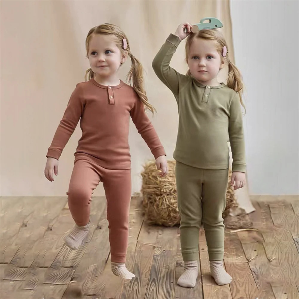 Spring Autumn Toddler Pajamas Suit Solid Color Cotton Kids Tops Leggings Baby Boy Girl Clothes Suit 250919