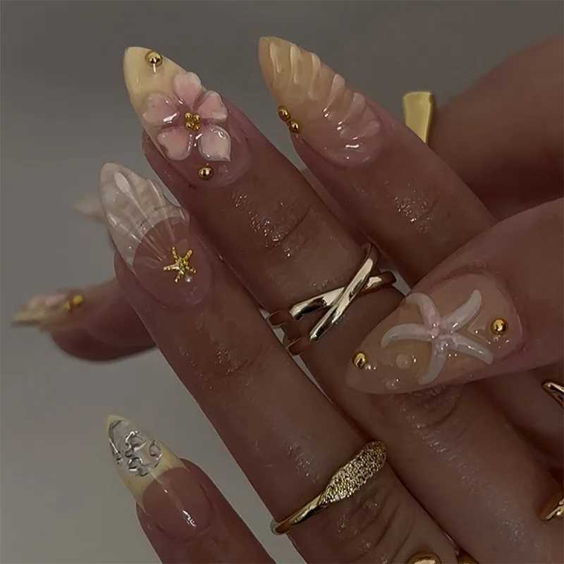 24pcs French Press on Nails Art Simple Pink Flower Star Design Faux Nail Tips finis Midlengle Longue Amond Fake Nail Set Manucure W250919