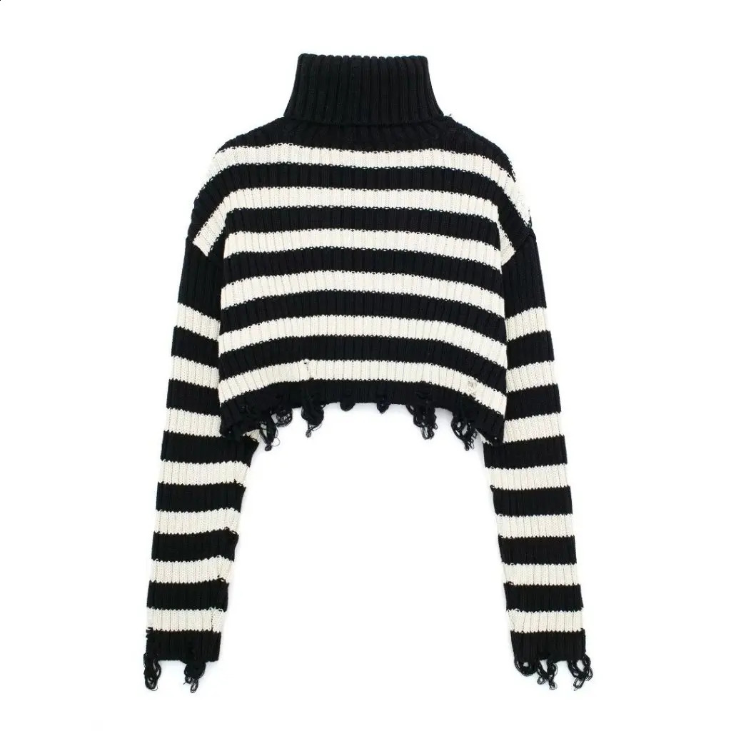 Womens Retro Striped Short Sweater Turtleneck Loose Fitted Spring Autumn American Style Ripped Frayed Open Cardigan 250919