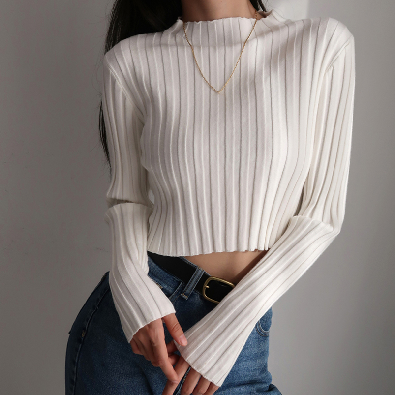 Autumn Winter American Retro Stand Collar Solid Color Simple Slim Fit Fashion Short Knitted Long Sleeve Sweater 250919