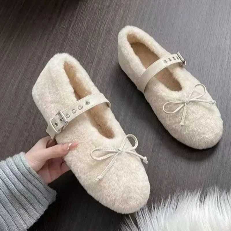 Women Plush Mary Janes Shoes Girl Fi White Sweet Bowknot Fur Pumps Autumn Winter Sheepskin Leather Luxury FlatsXJ250919