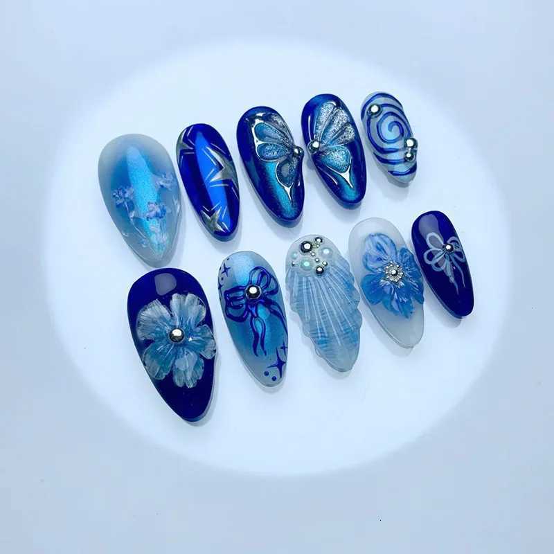 24Pcs Midlength Blue Almond False Nails with 3D Shell Design Press on Nails Tips Butterfly Flower Pattern Datachable Fake Nail W250919