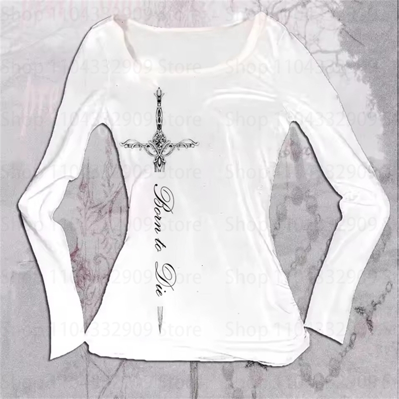 Gothic Grunge Punk Printing Womens Long Sleeve Tee Casual Slim Fit Sexy Chic Emo s Crop Top Y2K Harajuku Vintage Streetwear 250918