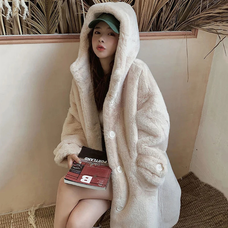 Femmes d'hiver fausses de lapin manteau de fourrure lâche manteau de fourrure de grande taille à capuchon de grande taille manchettes de peluche