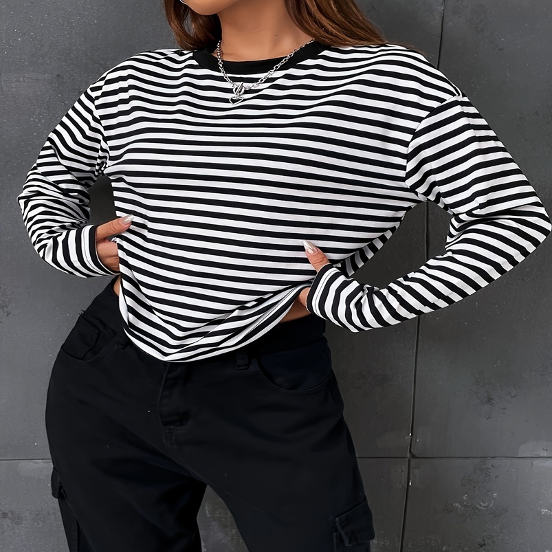 Striped Crew Neck T shirt Casual Long Sleeve Autumn and winter top womens Tshirt loose comfortable black white 250919