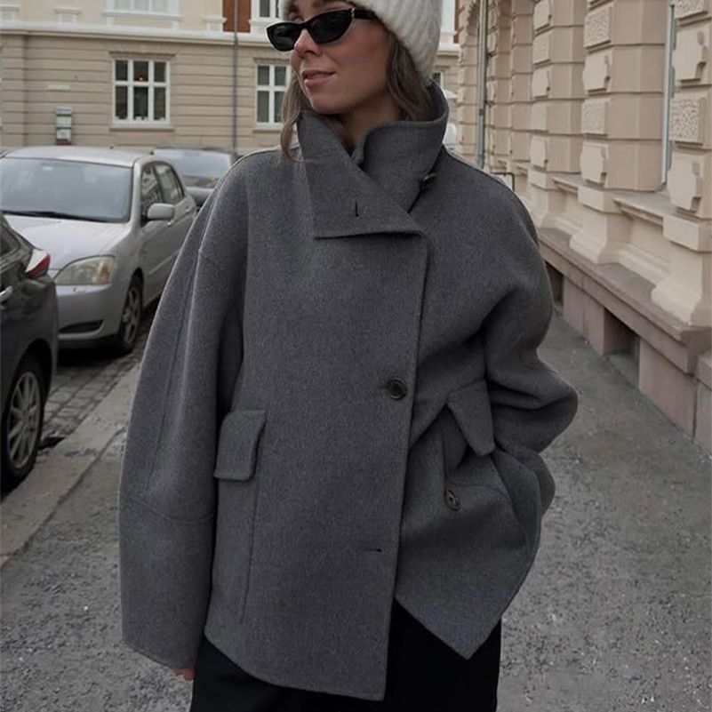 Womens Urban Woolen Blend Coat Stand Collar SingleBreasted Long Sleeve with Pocket Thick Warm Autumn Winter Jacket for Ladies 250918