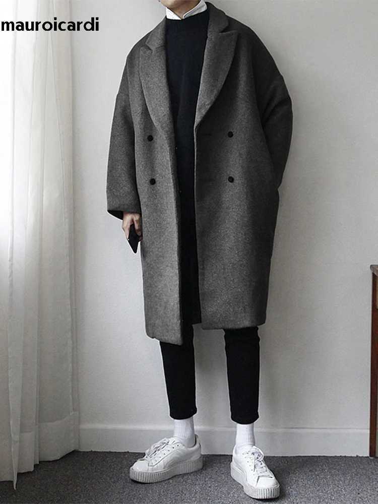 Mauroicardi Autumn Winter Loose Casual Grey Black Soft Warm Woolen Coat Men Lapel Double Breasted Korean Fashion 2022 X250919