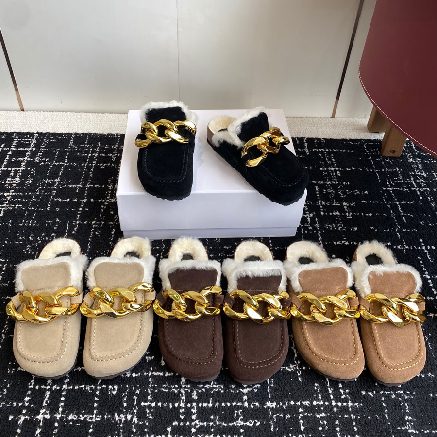 Sued Metal Chain Furn Slides Mules chaussures plates Femmes Furry colg Colg Slipy Slipper Winter Wool Chaussures