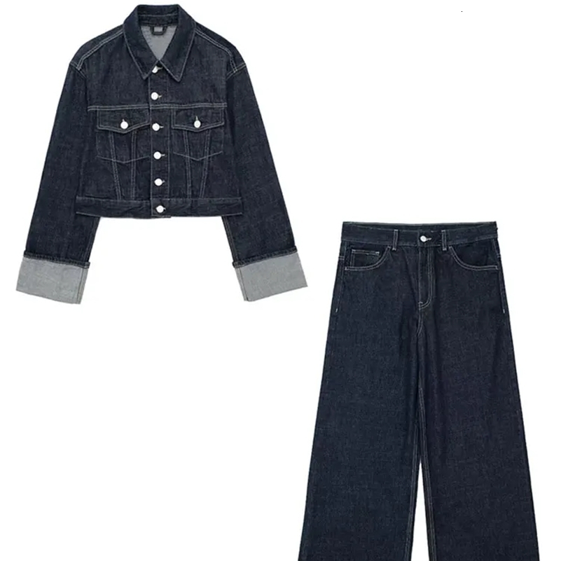 TRAFZA Women Fashion Denim Set Casual Lapel Long Sleeve Crop Jacket Buttons Female Vintage Wide Leg Loose Jeans Long Pants 250918
