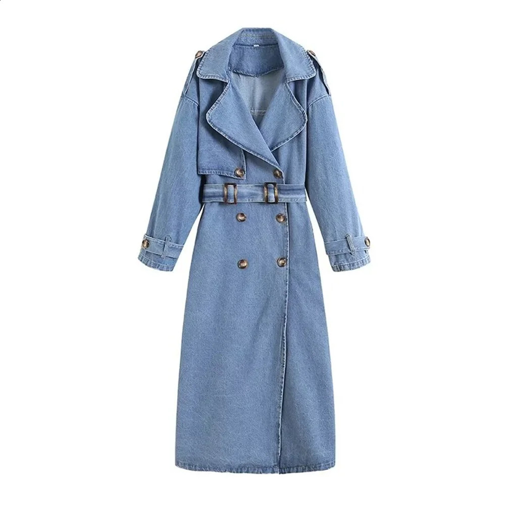 Zach Ailsa Spring Product Womens Double breasted Polo Collar Long Sleeve with Belt Long denim trench coat 250919