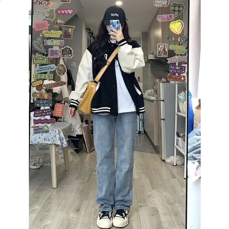 Veste de baseball en vrac pour les femmes Bloc de couleurs d'extérieur de style coréen à la mode automne à la mode 250919