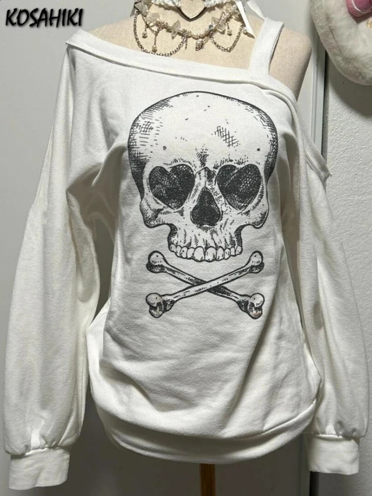 Y2K esthétique Femmes Skull Impression gothique gothique tshirts harajuku skew collier streetwear décontracté punk tops grunge lâche blanc camise