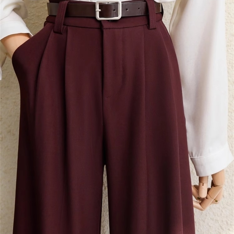 Spring 2025 Burgundy Suits Pants for Women Office Lady Elegant High Waist Wide Leg Fashion Trousers with Pockets Black Gray y250918