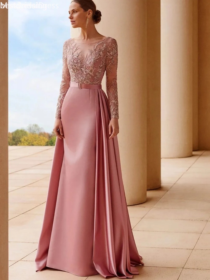 Élégants manches longues sirène sirène mère de la mariée robes en dentelle robe invitée de mariage entraîne de souris détachable de maman