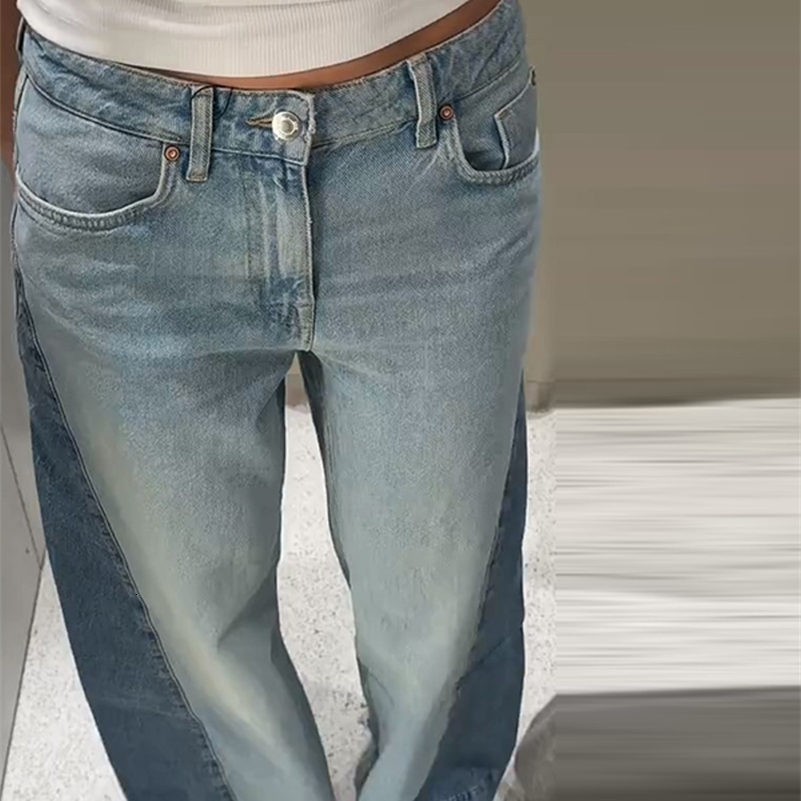 Vintage Contrast Patchwork Women Denim Pants Baggy Wide Leg Straight Jeans Trousers Fashion Trendy Casual Elegant High Street 250918