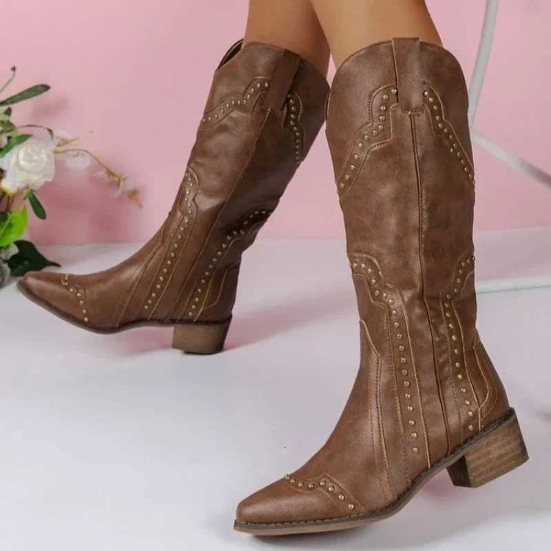 Retro Rivet Mid Calf Cowboy Boots for Women 2025 Autumn Chunky Heels Western Boots Woman Slip on Pointed Toe Cowgirl Boras W250919