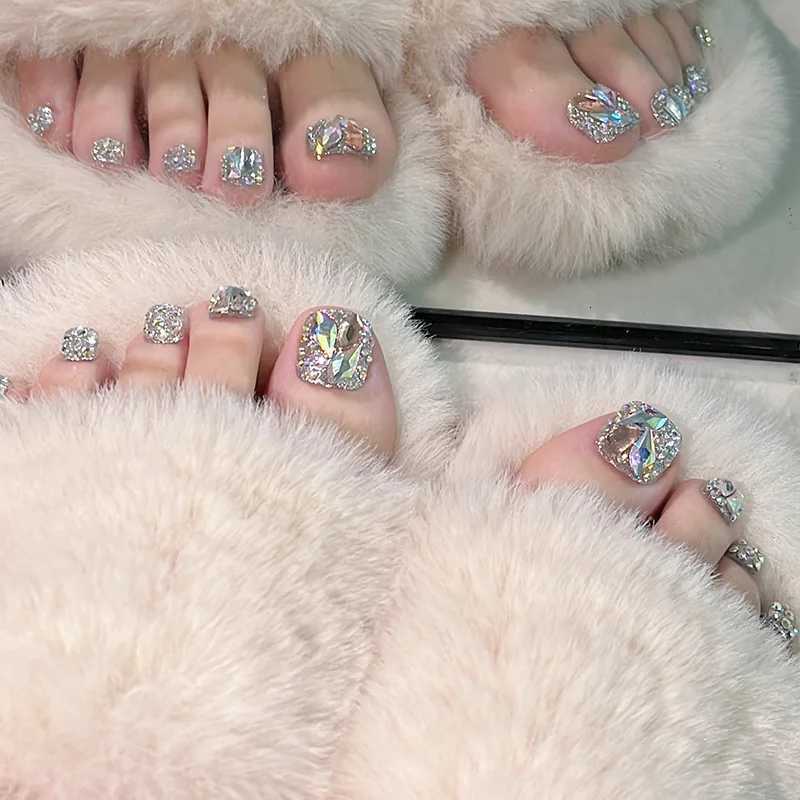 24pcs Colorful Sparkling Diamond False Toe Nails With Design Acrylic Nail Kits Rhinestones Fake ToeNails Press On Feet Nail Tips W250919