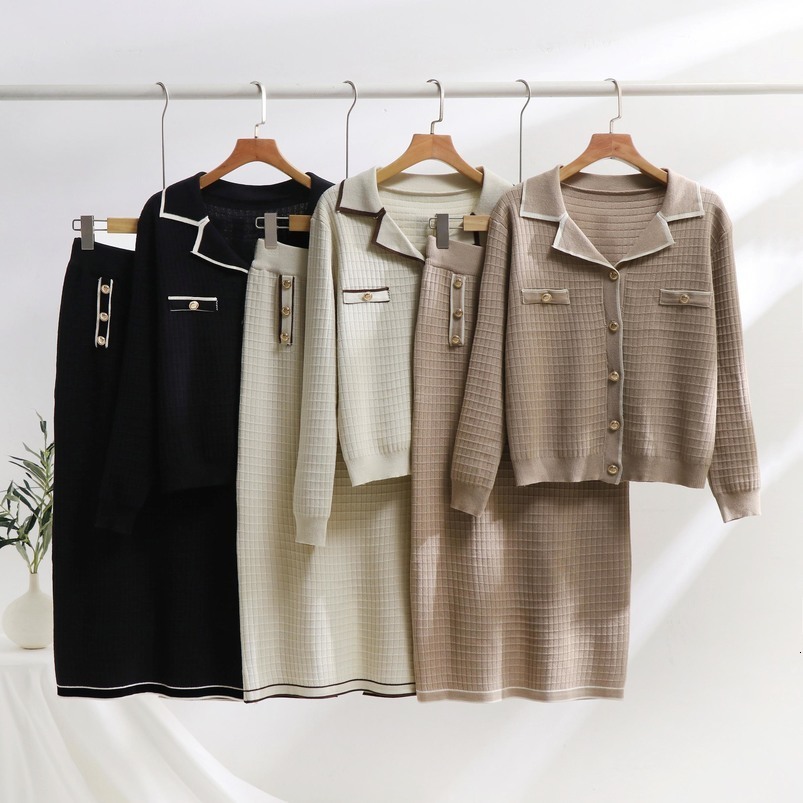 Knitted Elegant Womens Sets For Fall Winter Tweed Suit Women Polo Neck Cardigan Slim Fit Skirt with Contrast Piping 250919