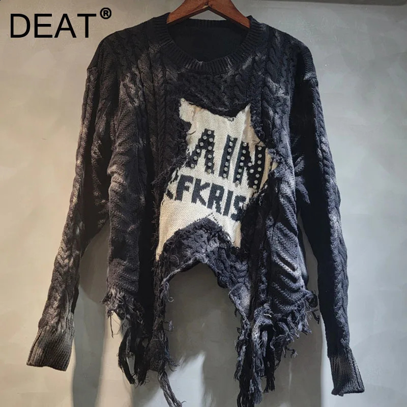 DEAT Autumn Style Vintage Gradient Patchwork Irregular Short Sweater For Women Loose Casual Pullovers Female 11A05360 250918