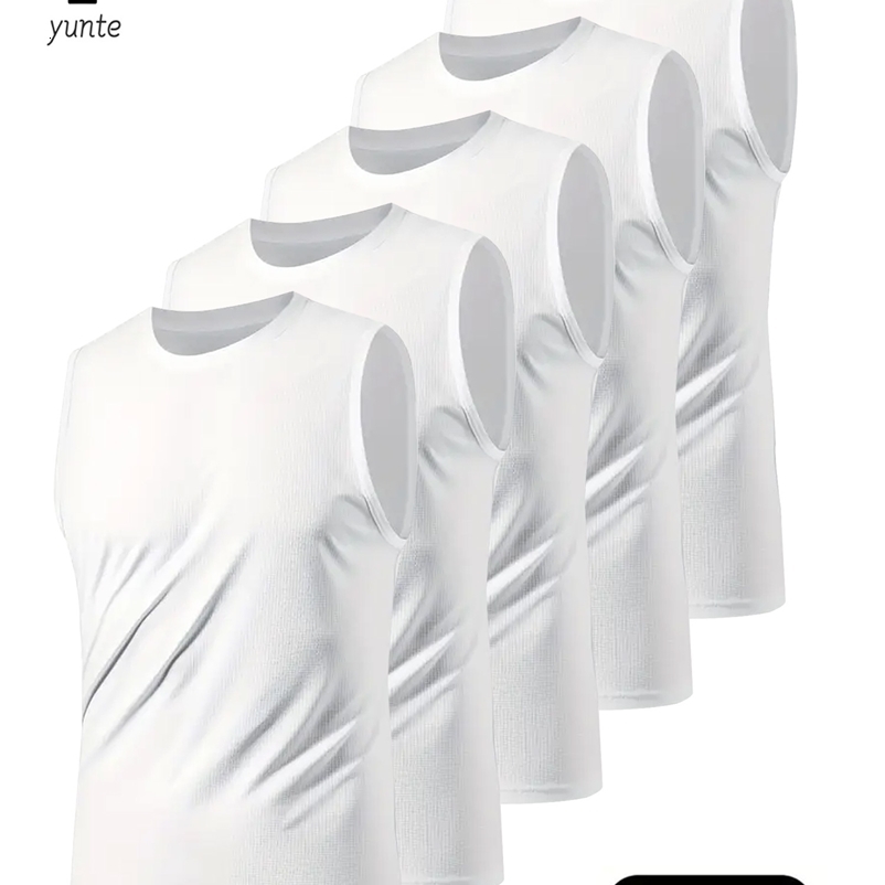 Mens Sports Vest White 5Piece Breathable Round Neck Slightly Elastic Fabric Pure Color Suitable for Spring Summer and Autum R250919