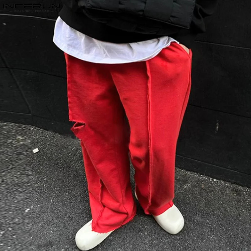 INCERUN 2025 Korean Style Trousers Fashion Men Loose Drawstring n Straight Leg Pants Casual Streetwear Male Solid Pantalons 250919