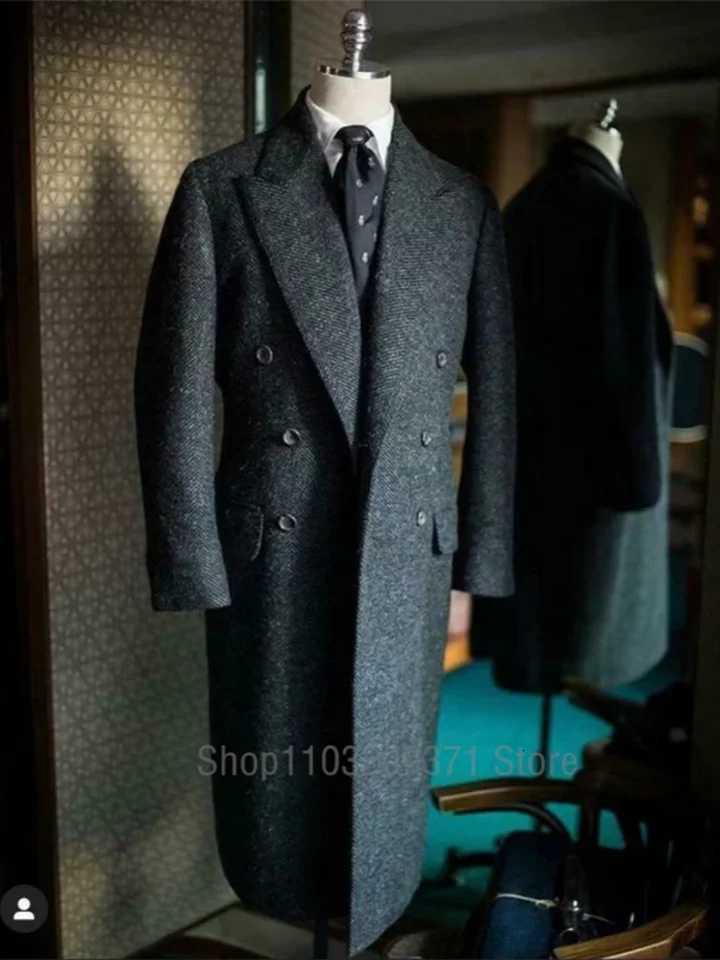 Herringbone Suit Jackets Men Tweed Wool Blend Trench Coat Long Double Breasted Overcoat Military Business Blazer Tailore Made X250919