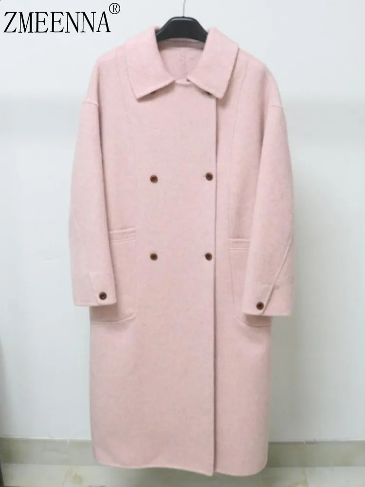 ZMEENNA Pink Wool Blend Coat For Women With Double Breasted Buttons Lapel Collar Stylish Warm Winter Outerwear ZM4078 250919