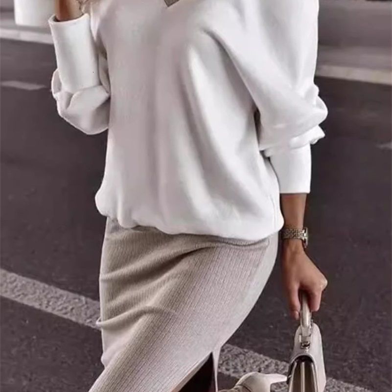Autumn Winter Casual Loose Vneck Sweatshirt Suit Womens Tight Skirt Longsleeved Top Twopiece Set Fashion Holiday Sets 250918