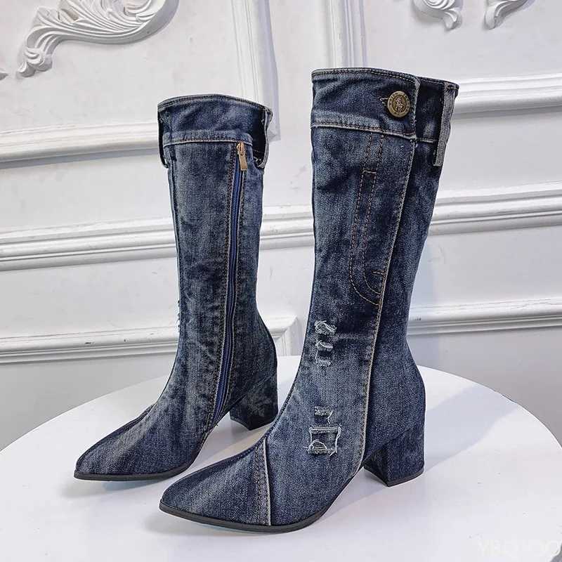 2022 Women Chunky Denim MidCalf Boots Block High Heels Boots Winter Fashion Cowboy Western Boots thick heels shoes W250919