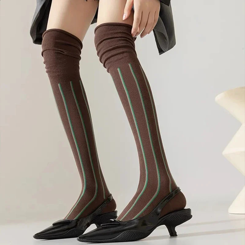 Vintage Stripe Long Kneehigh Socks Women Fashion Loose Mouth Stitching Slimming Stockings Female Casual Breathable Calf Socks 250919