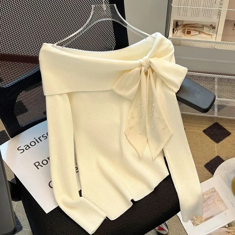 Korean Style Chic Slash Shoulder Bow Longsleeved Knitted Womens Clothes Autumn Irregular Sweater Pullover Top 250918