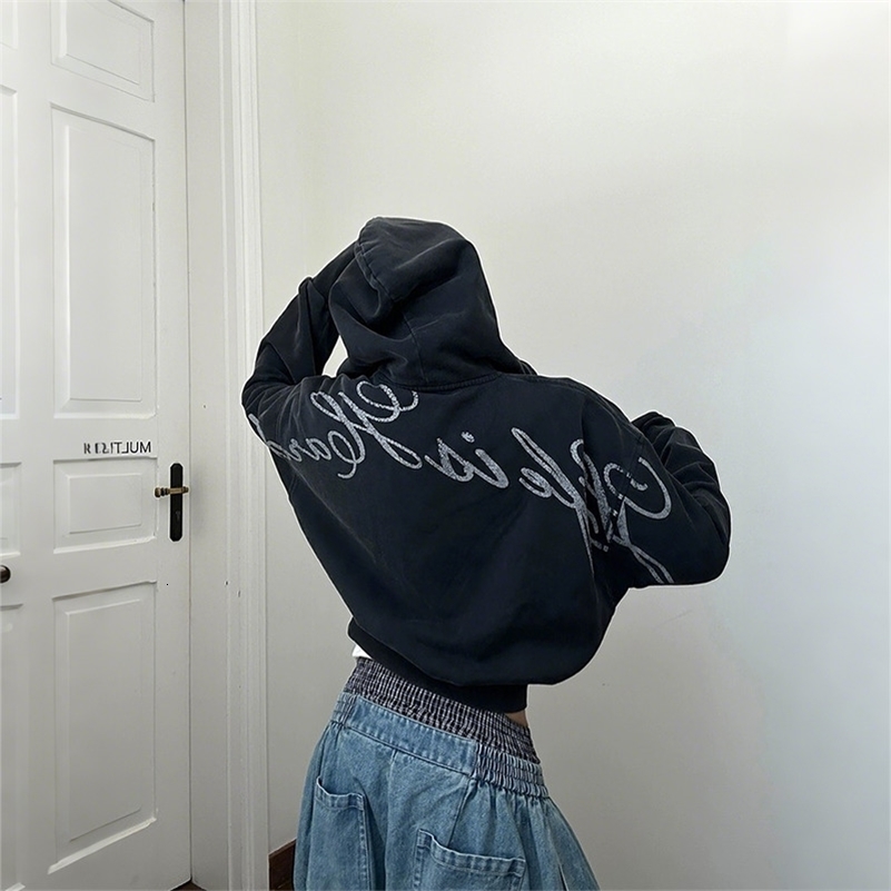Y2K Fashion Retro Hoodie Artistic White Letter Print Long Sleeve Zip Up Hooded Sweatshirt Men Women Distressed Washed Streetwear 250918